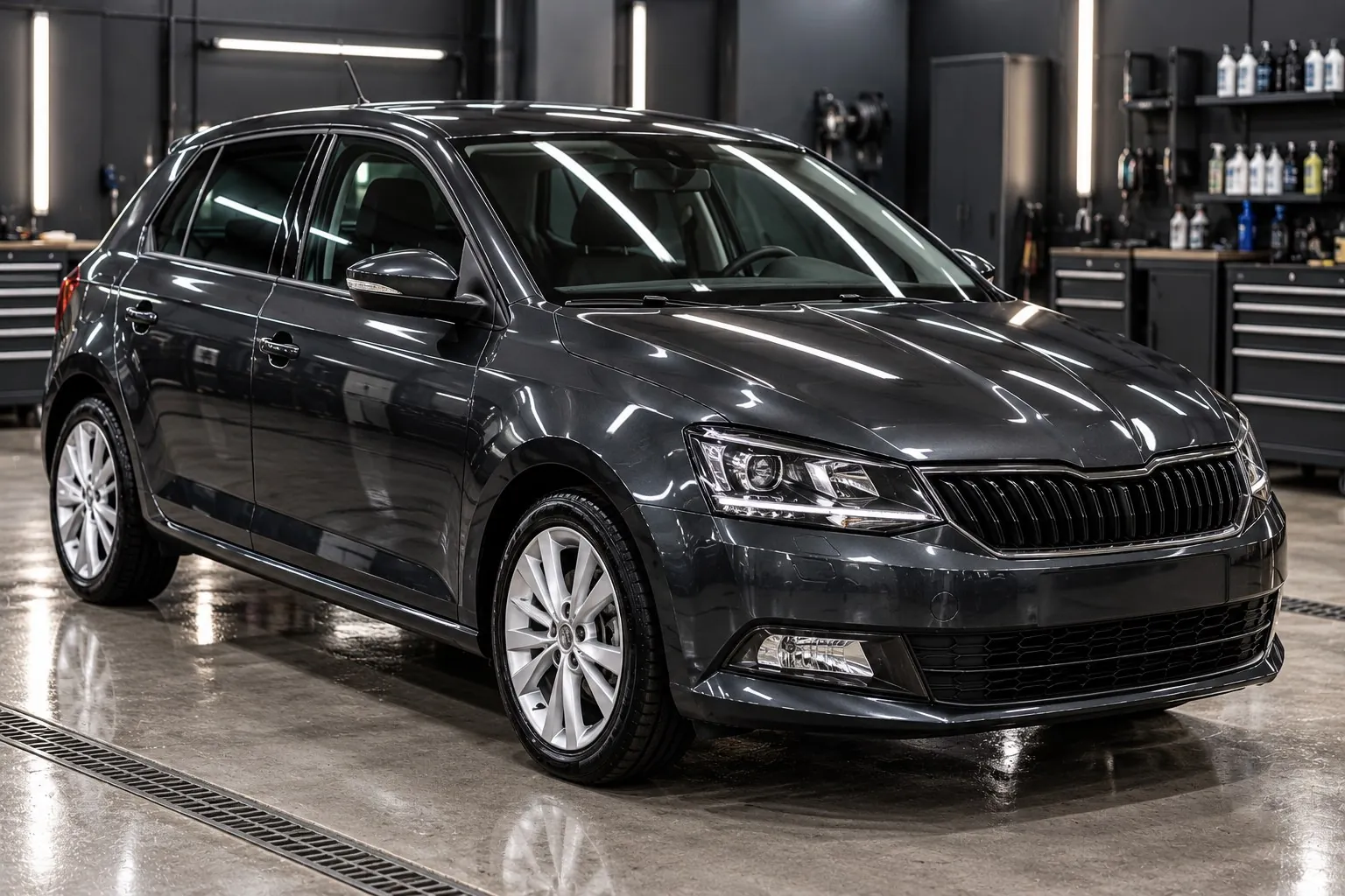Malý tmavě šedý hatchback s hlubokým leskem v dílně